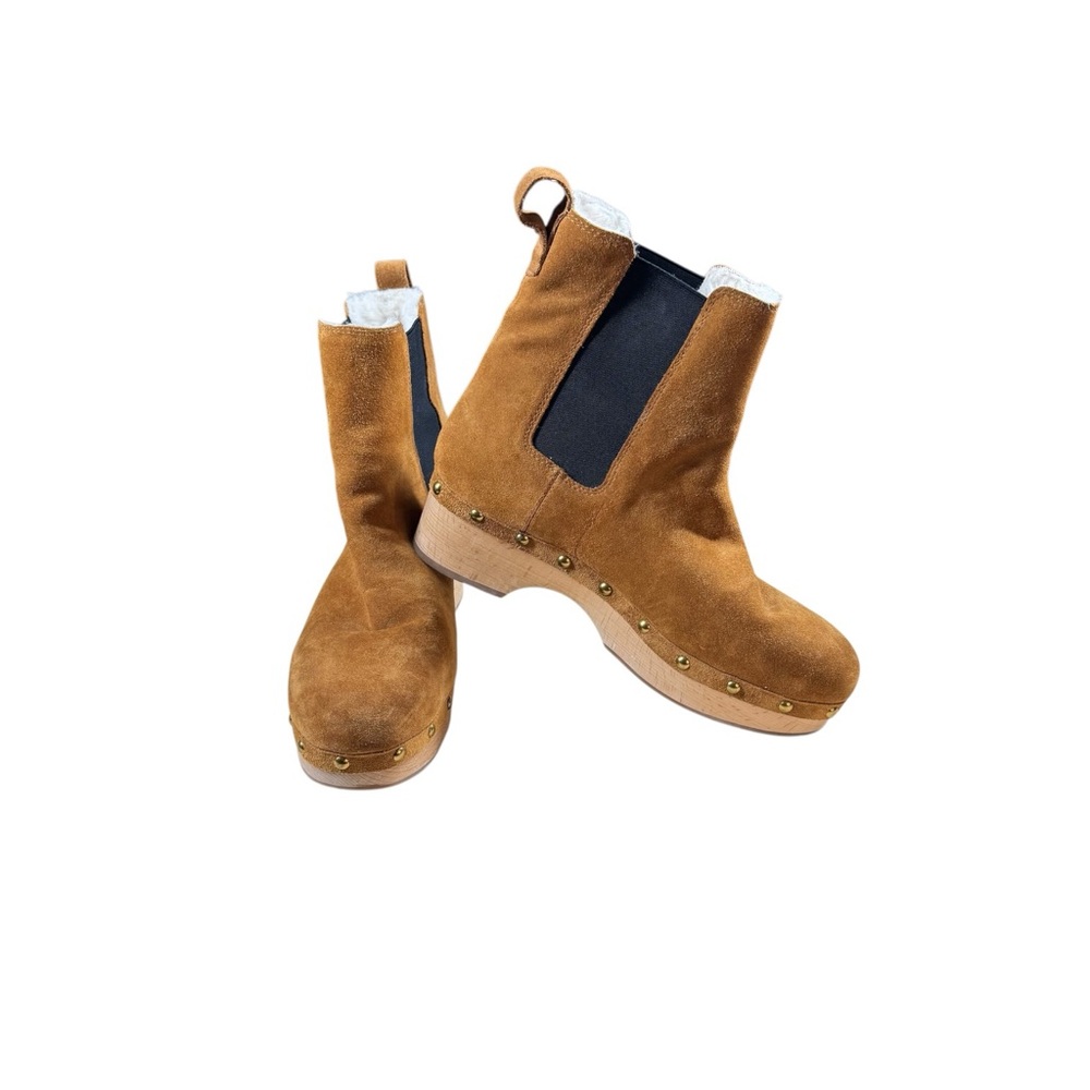 J. Crew Chelsea Suede Faux Fur Studded Clog Boots In Cognac